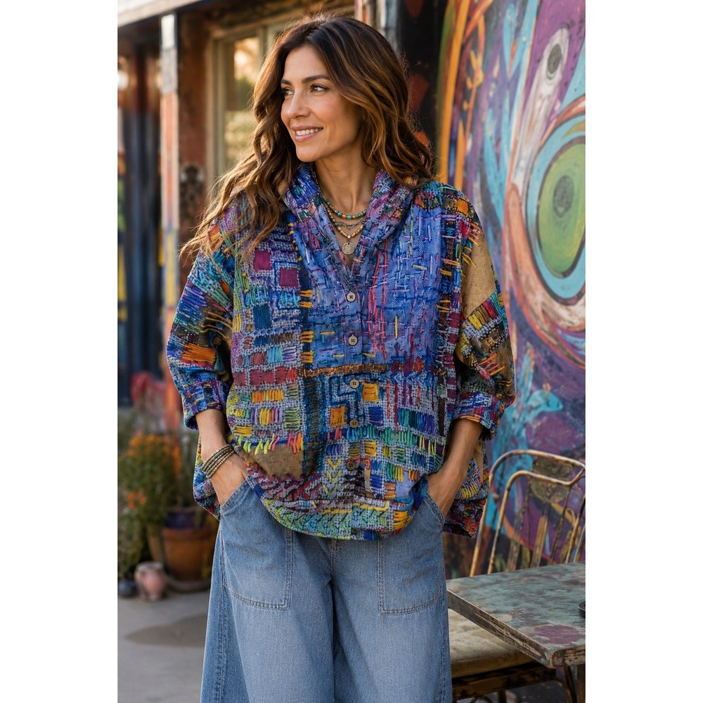 Womens Multicolor Patchwork Embroidery Print Button Up Fleece Lined Hoodie S